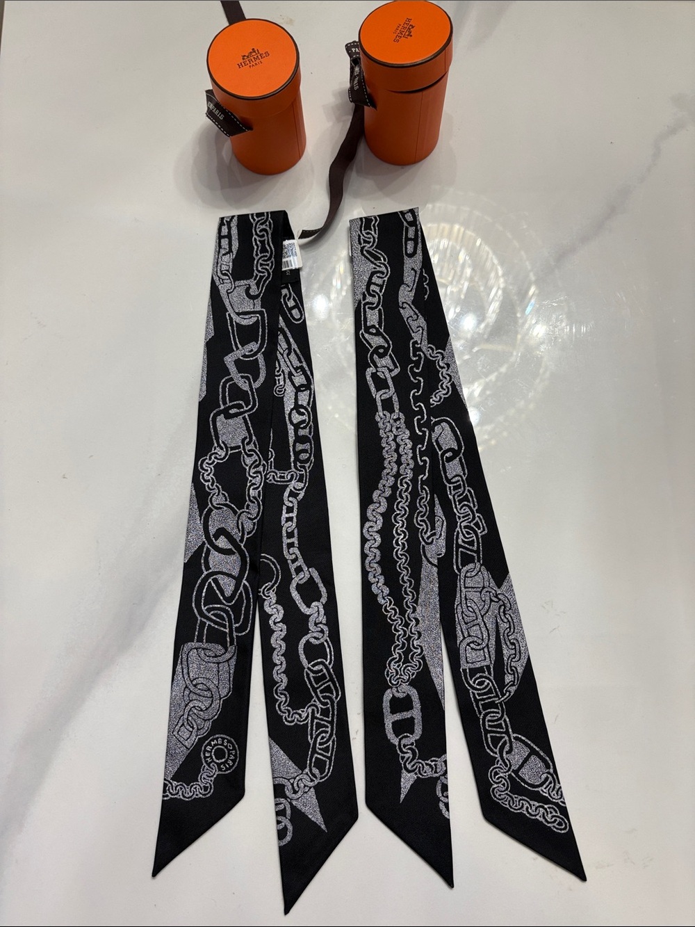 Hermes Black & Silver Chain Print Silk Twilly Scarf